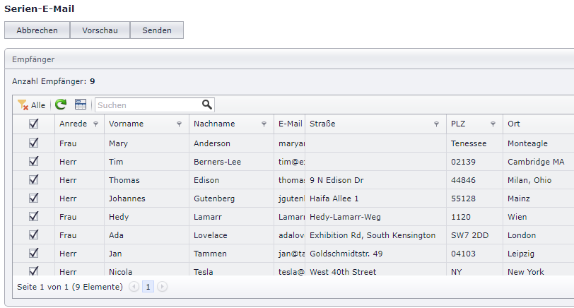 SeminarDesk Serien-E-Mails: Empfänger auswählen